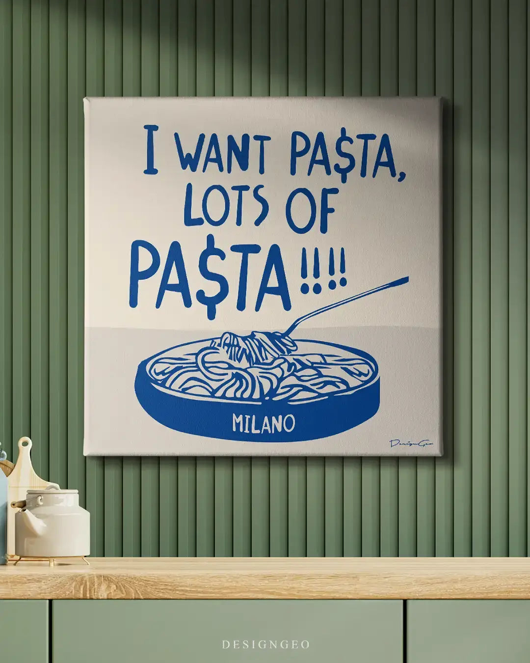 Minimalist kitchen interior featuring a square canvas print of a pasta canvas wall art with inspirational quote in blue, creating a bold artistic statement on the wall