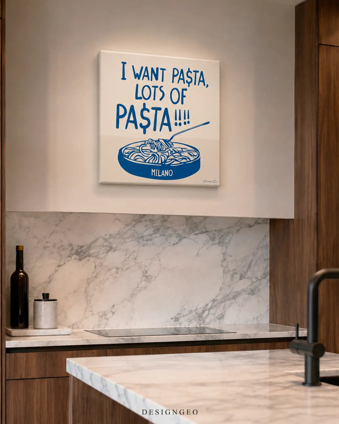Square I Want Pasta blue typography canvas wall art mounted on a cream wall above a marble backsplash and modern kitchen countertop