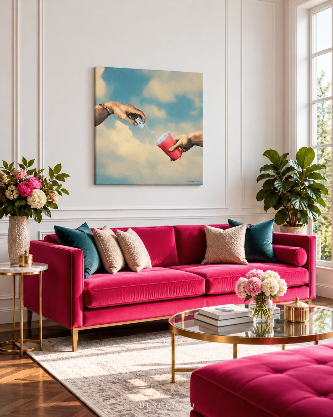 Michelangelo Creation of Adam hands pouring pill into red plastic cup cloudy sky square canvas wall art displayed on a white wall above a magenta sofa 0.75 inch thin wrap