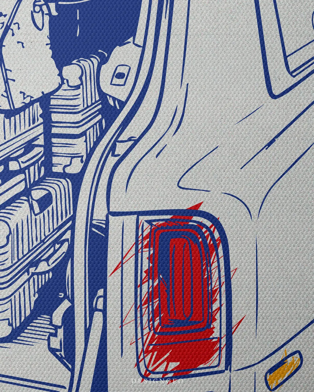 Close-up macro detail shot showing the canvas texture, blue line art detailing, red scribbled taillight accent, and stacked travel suitcases in the trunk