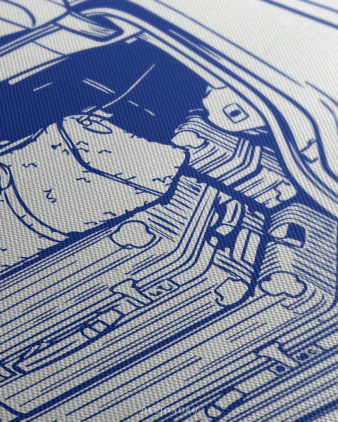 Detailed macro view displaying the textured canvas fabric, fine blue sketch lines of the designer duffel bag, and inner car trunk lining