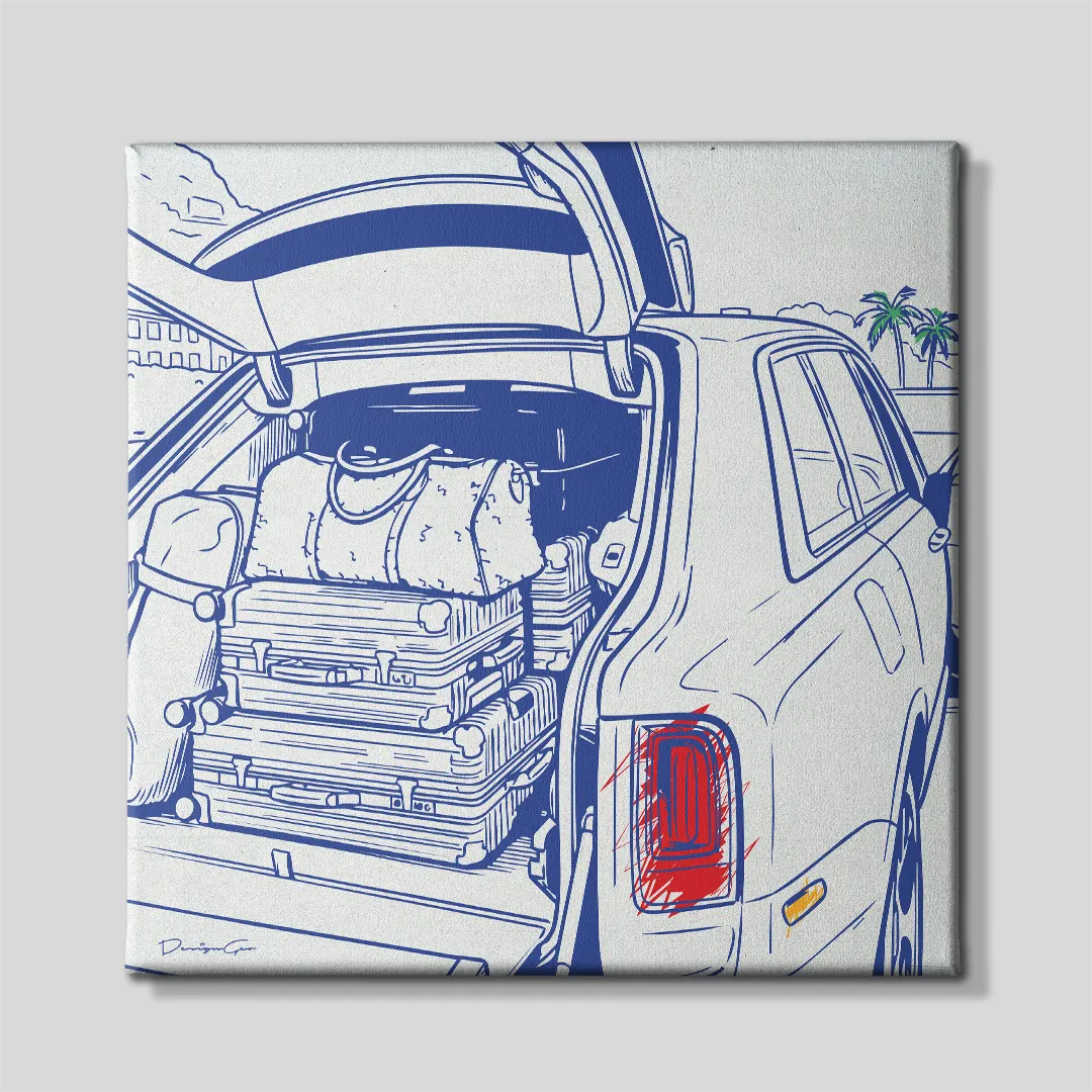 Front view of a square canvas print featuring a blue line art illustration of an open luxury SUV trunk packed with designer duffel bags and stacked aluminum luggage