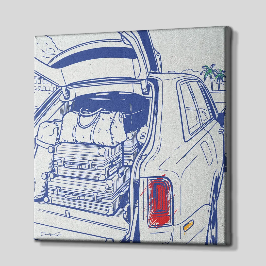 Three-quarter side angle of the luxury SUV luggage canvas print showing gallery-wrapped white edges mounted on a wooden frame