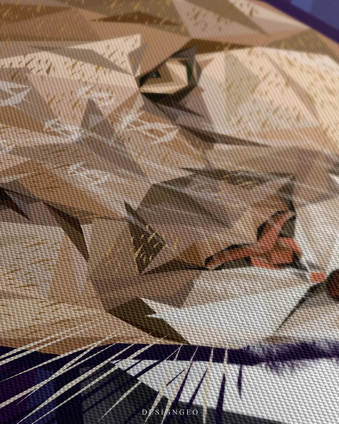Close-up of modern wildlife wall art featuring a powerful puma portrait with an intense gaze and detailed fur on a vibrant violet background