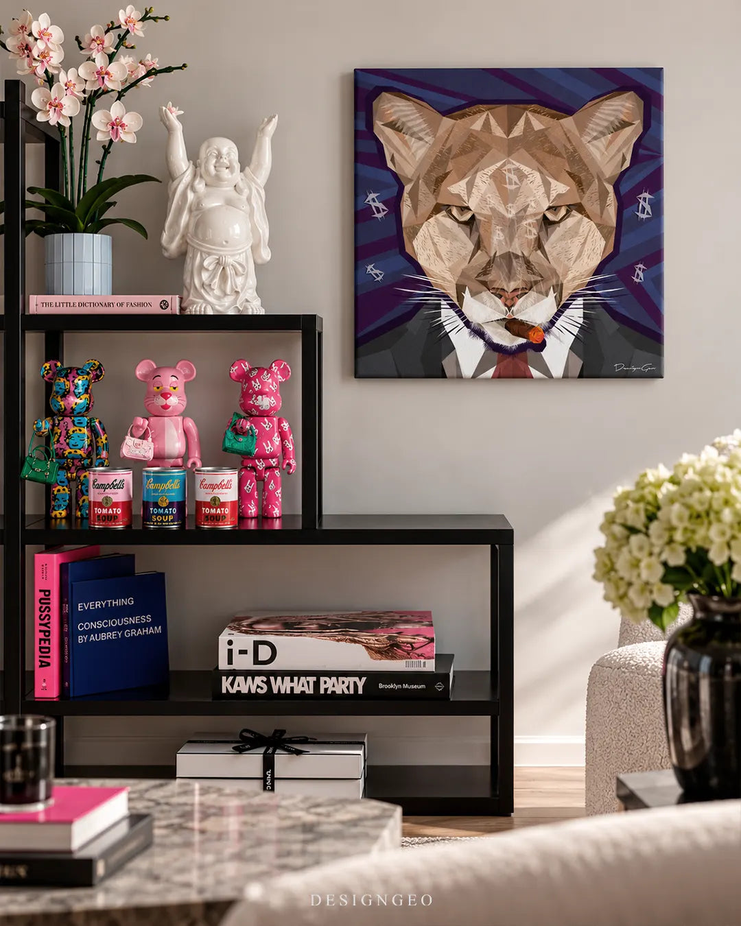 Geometric low poly puma wearing suit with cigar square canvas wall art displayed on a neutral wall next to a black shelving unit with art collectibles