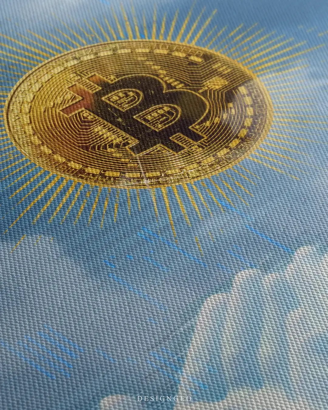 Close-up of inspirational digital wealth wall art featuring praying hands focused on a glowing Bitcoin symbol set against a serene sky background