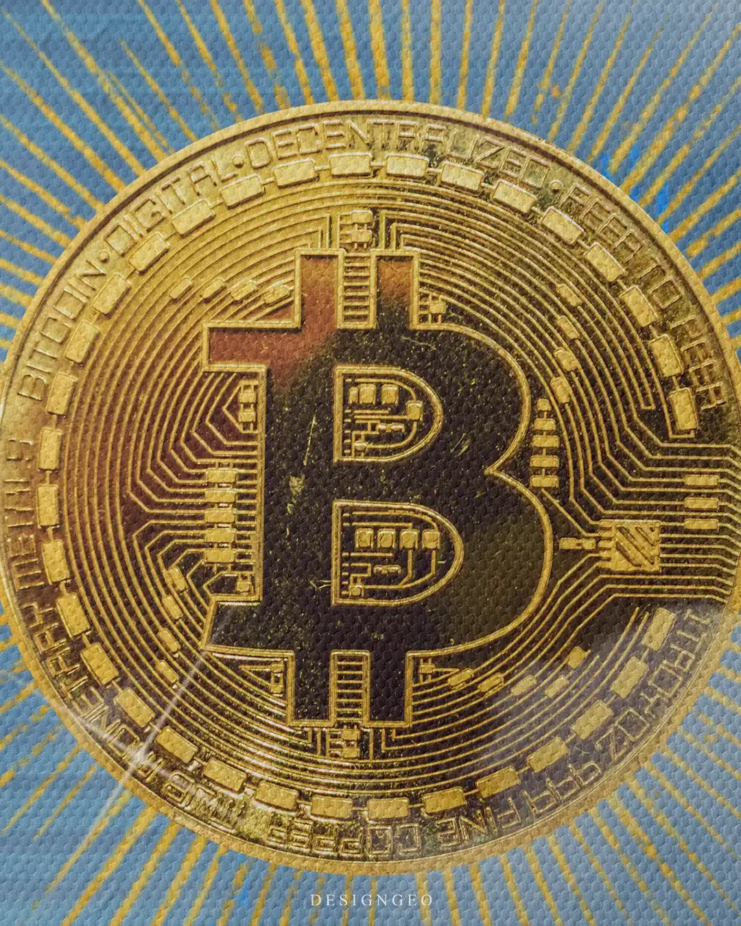 Detailed view of the "In Crypto We Trust" art, showcasing the divine lighting, the textured hands, and the symbolic power of the Bitcoin icon on a contemporary canvas