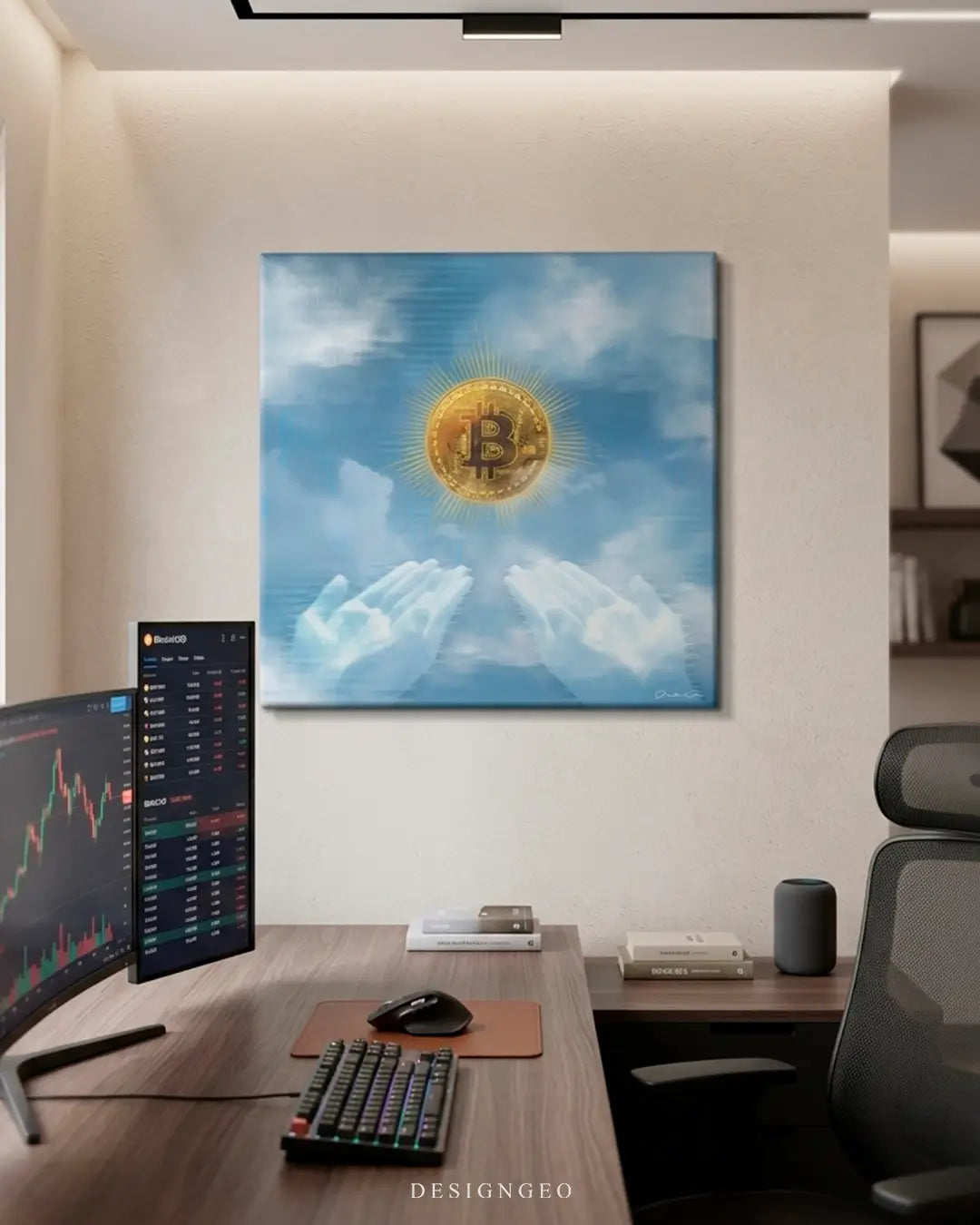 Modern trading room interior featuring a square canvas print of bitcoin in crypto we trust canvas wall art , creating a bold artistic statement on the wall for traders and crypto enthusiasts