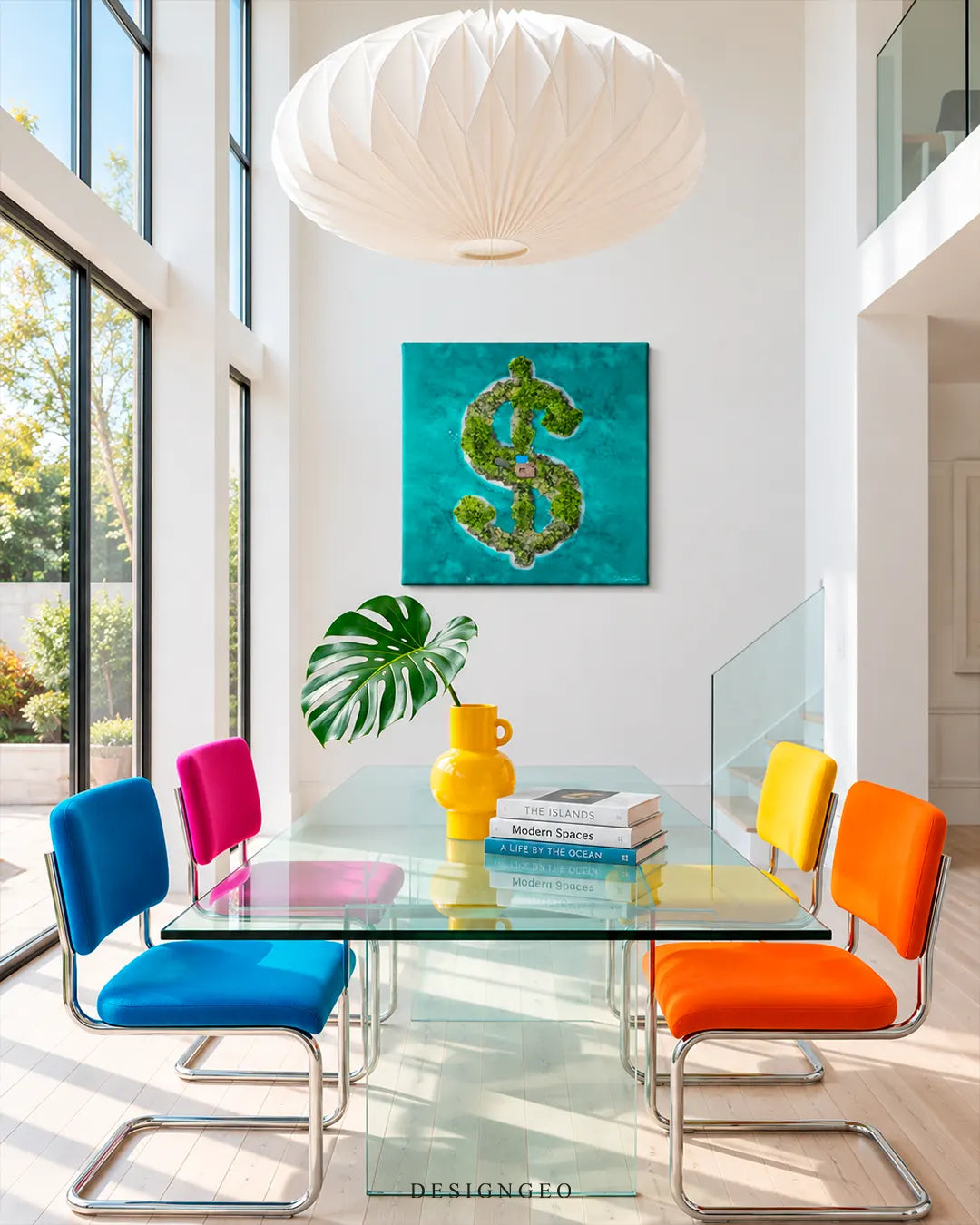 Tropical island dollar sign shaped green island square canvas wall art displayed on a white wall in a modern dining room above a glass table with colorful chairs