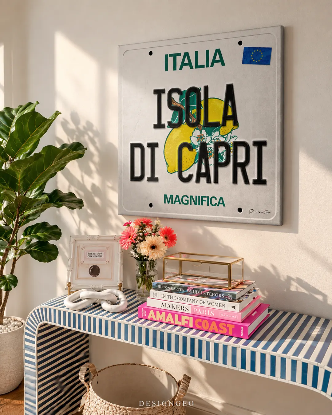 Italian license plate sign artwork with text Italia Isola Di Capri Magnifica and lemons square canvas wall art displayed on a white wall above a blue striped console 0.75 inch thin wrap
