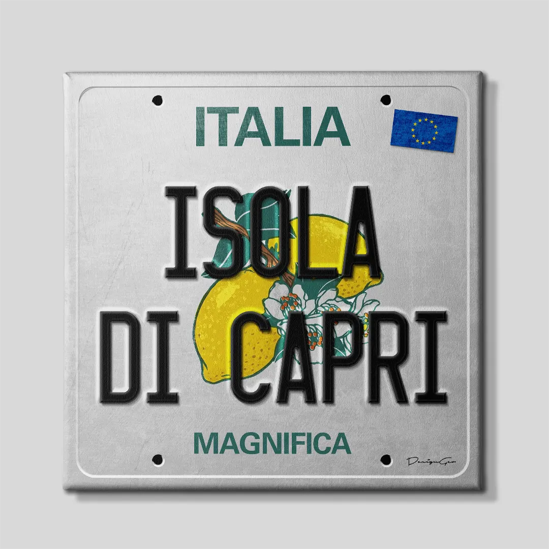 Front view of a square canvas print styled as an Italian license plate reading Isola Di Capri in black letters over a vintage lemon illustration with Italia and EU flag accents
