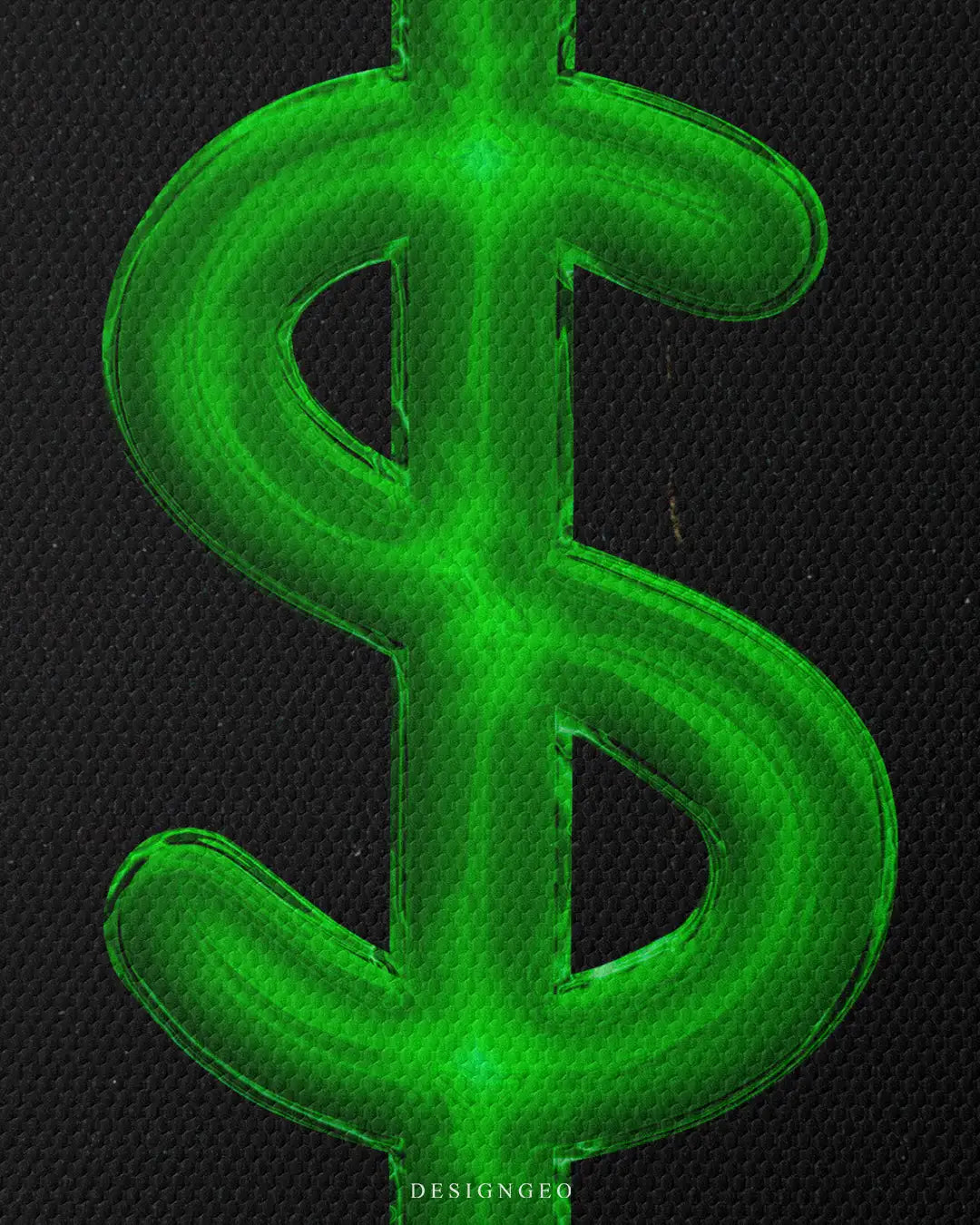 Vertical close-up of a single textured green money balloon in a dollar sign shape printed on premium black canvas, displaying the rich woven fabric details