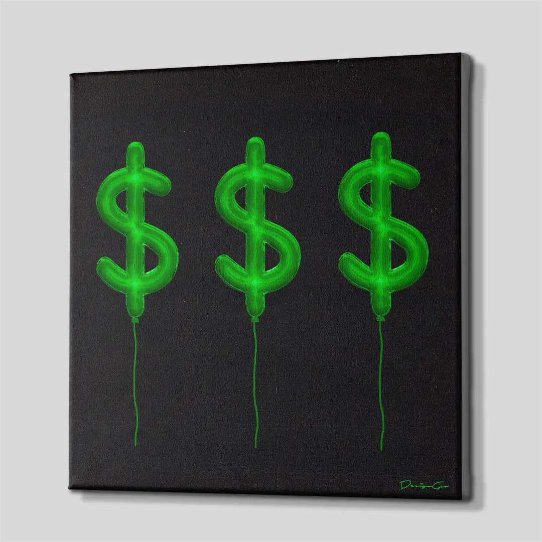 Side profile of the square green dollar sign money canvas wall art, showcasing the high-quality gallery-wrapped edges over a thick premium wooden frame