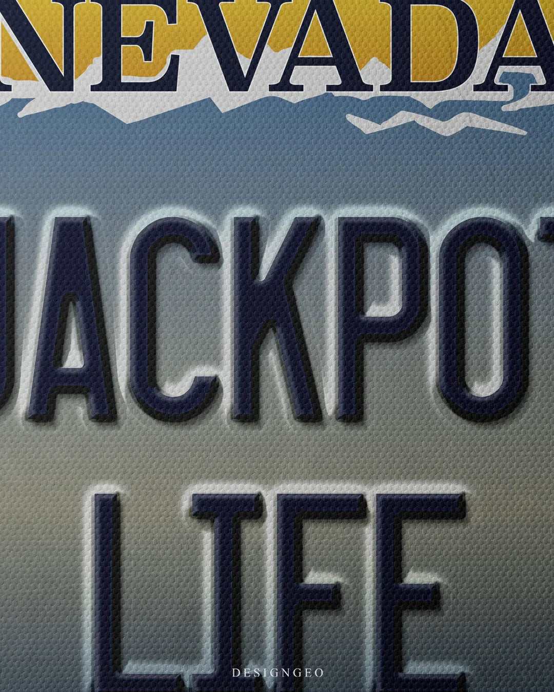 Medium shot showing dark blue embossed JACKPOT LIFE typography below a dark blue Nevada header on a yellow and blue gradient metal plate background
