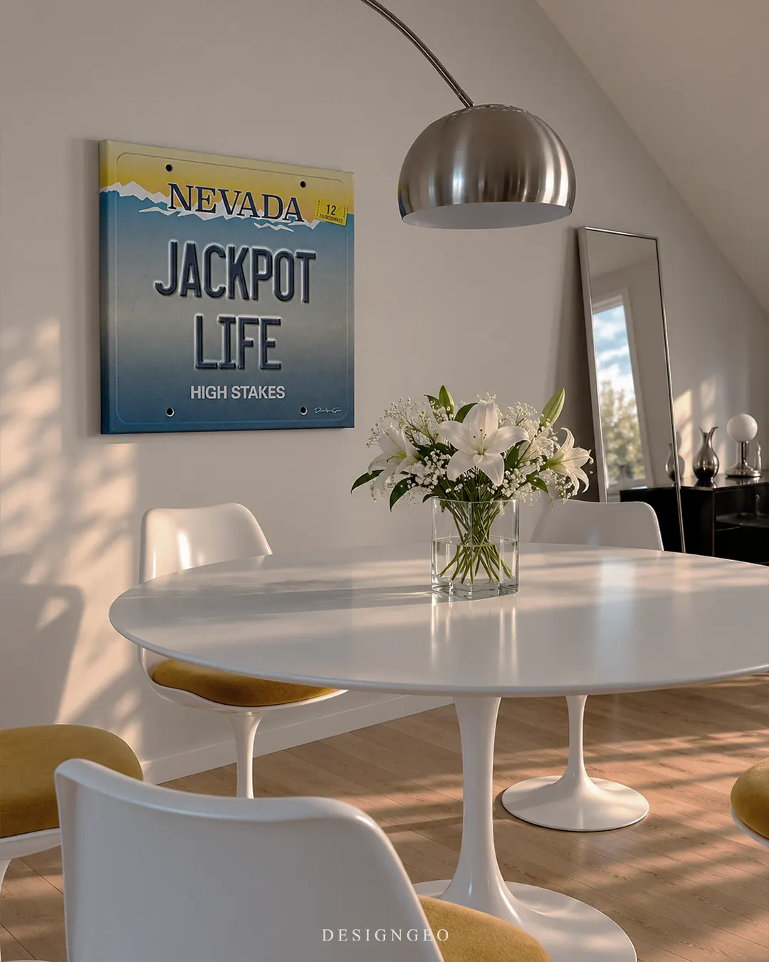 Jackpot Life Nevada license plate typography square canvas wall art mounted on wall in luxury dining room above white table 0.75 inch thin wrap