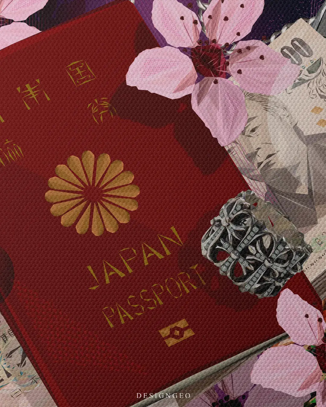 Pop art illustration on canvas featuring a red Japanese passport, a stack of Yen bills, pink sakura flowers, and a designer gothic-style ring