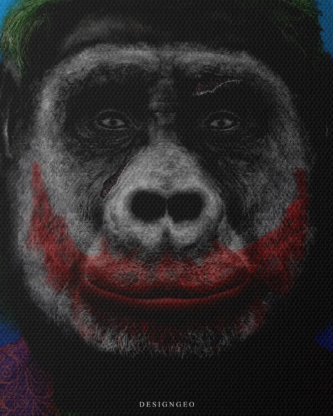 Artistic canvas illustration of a gorilla dressed as a joker, symbolizing duality, resilience, and bold personality in a minimalist urban art style