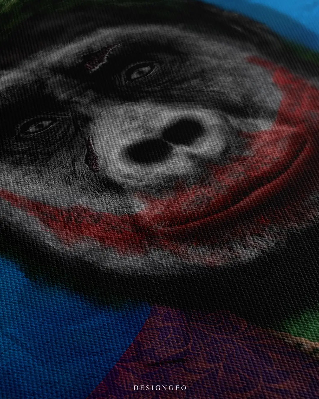 Close-up of modern pop art featuring a powerful ape with detailed clown makeup and a cinematic expression on a vibrant deep blue background