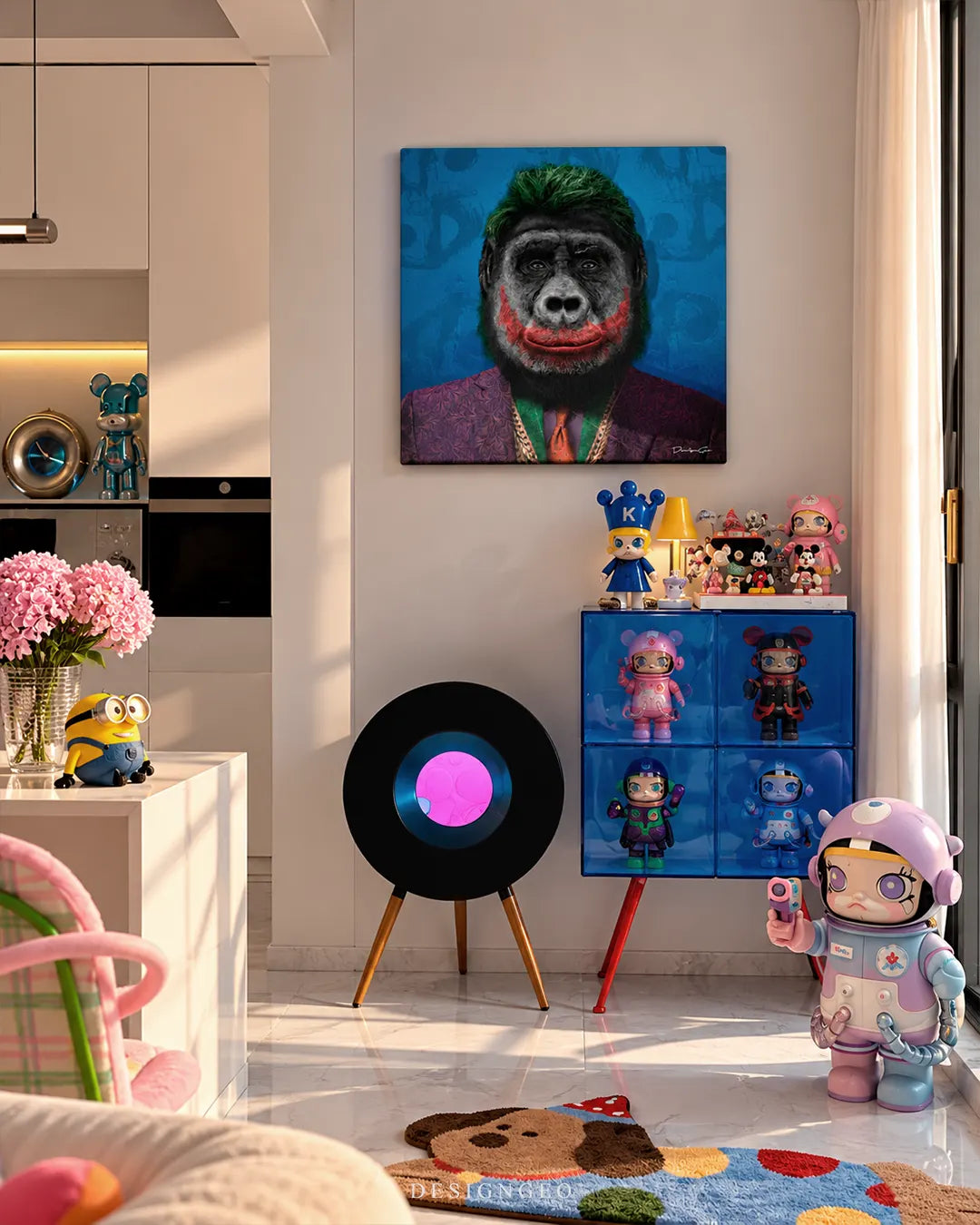 Joker ape portrait square canvas wall art with green hair and purple suit displayed on a white wall in a pop culture room above a blue display cabinet 0.75 inch thin wrap