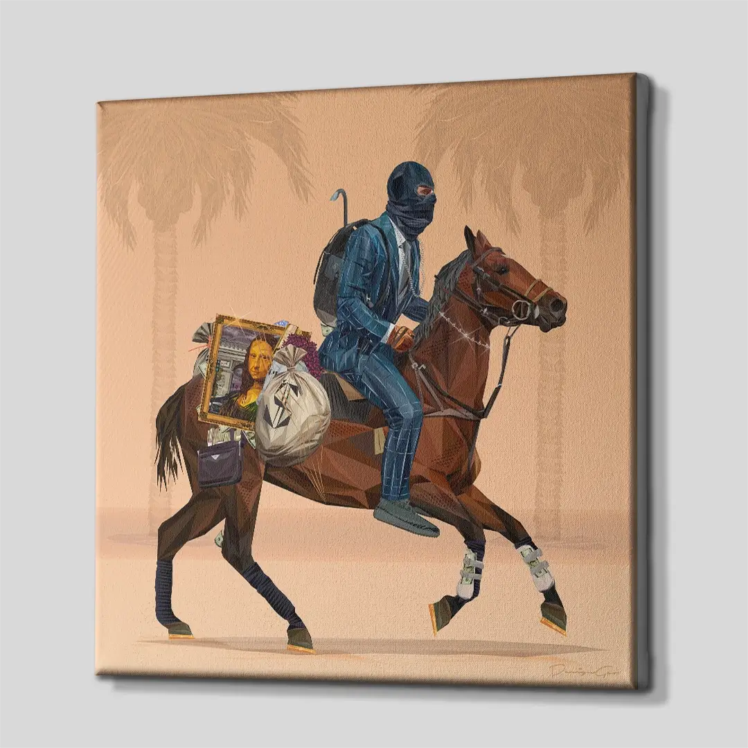 Side angle of the bandit on horseback desert canvas print, highlighting the high-quality gallery wrap finish and the professional 3D frame depth