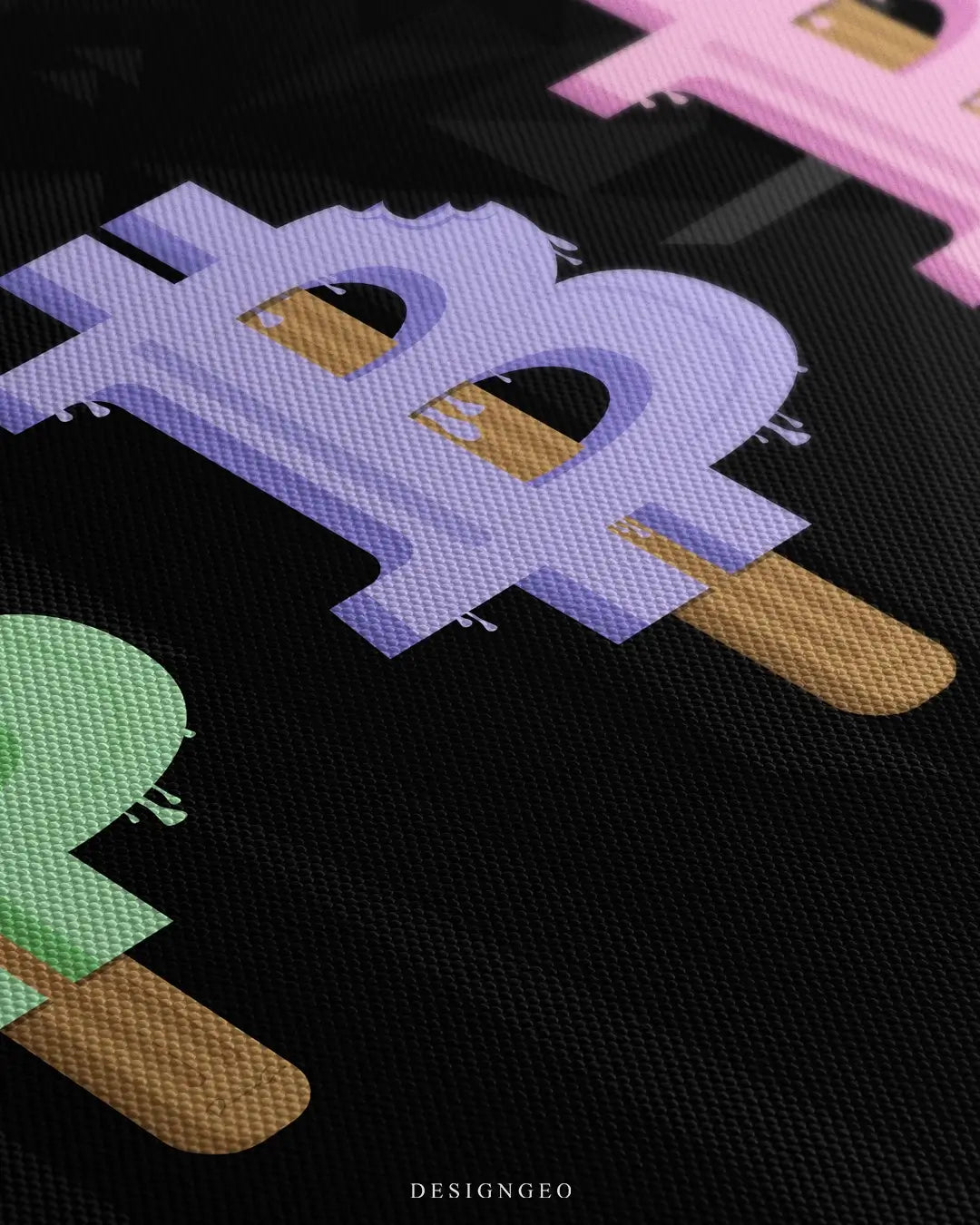 Close-up of modern crypto wall art featuring a melting ice cream cone shaped like the Bitcoin symbol on a solid black background
