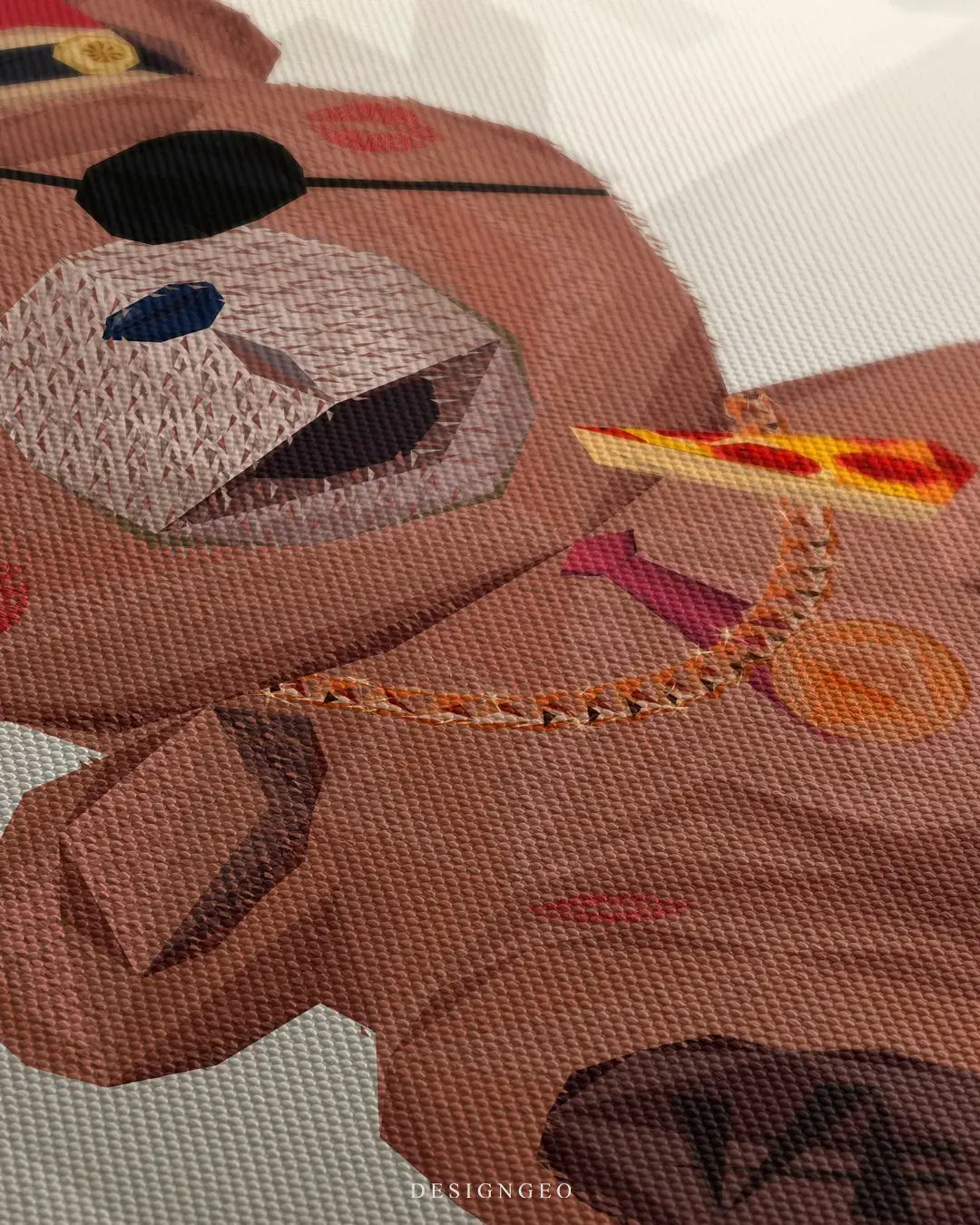 Close-up of a teddy bear canvas print showing the detailed fur texture, a shiny gold chain necklace, and a slice of pizza