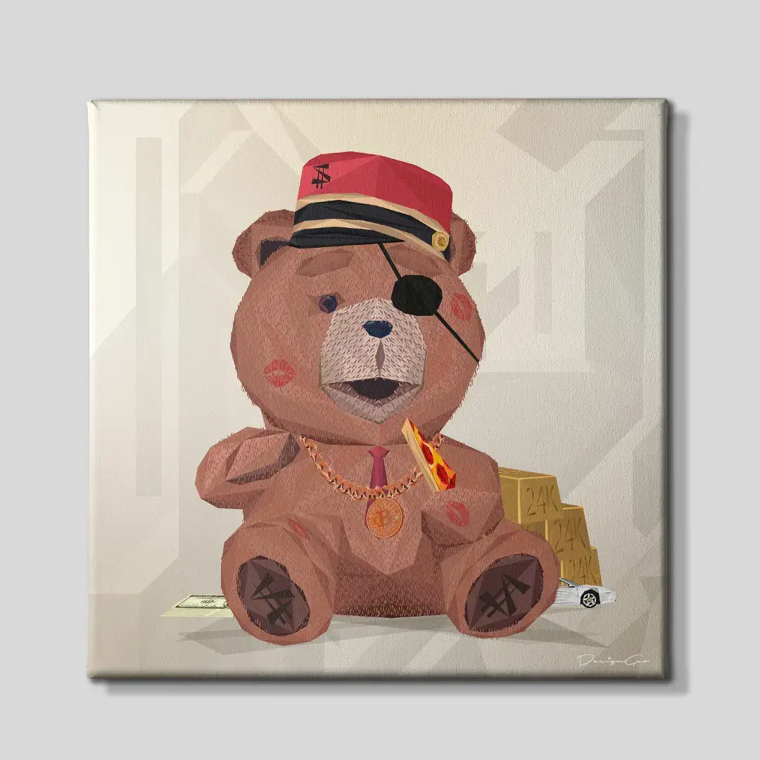 Modern canvas wall art featuring just a teddy bear eating pizza for interior decor