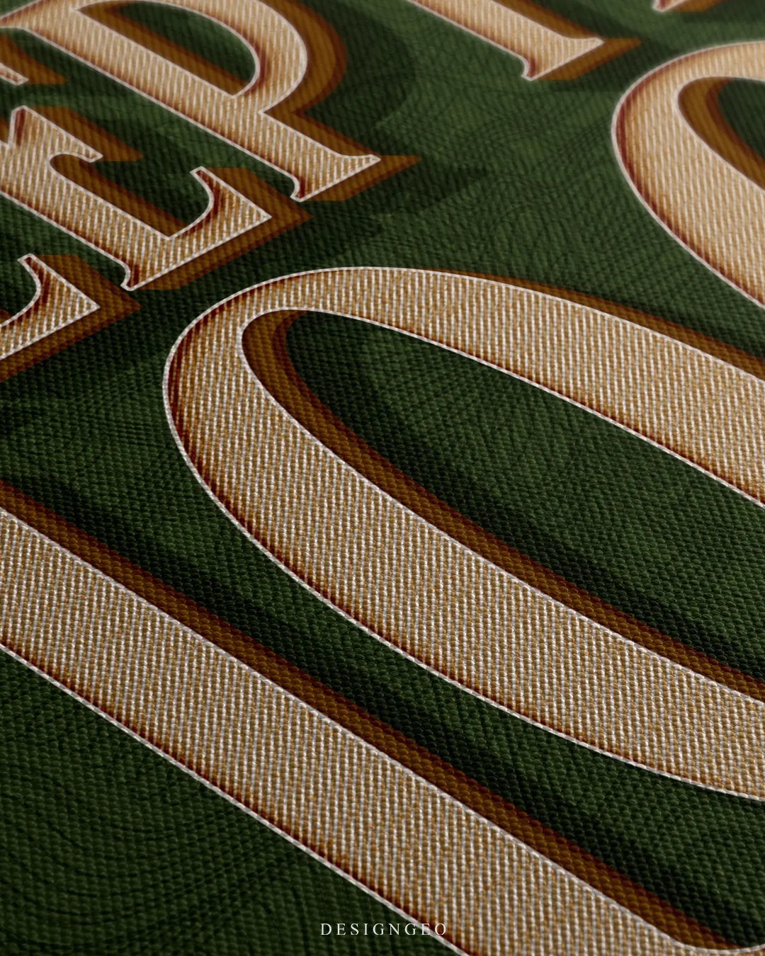 Angled extreme macro view showing woven canvas material, drop shadows, and subtle banknote-style fine-line wave textures on the green canvas