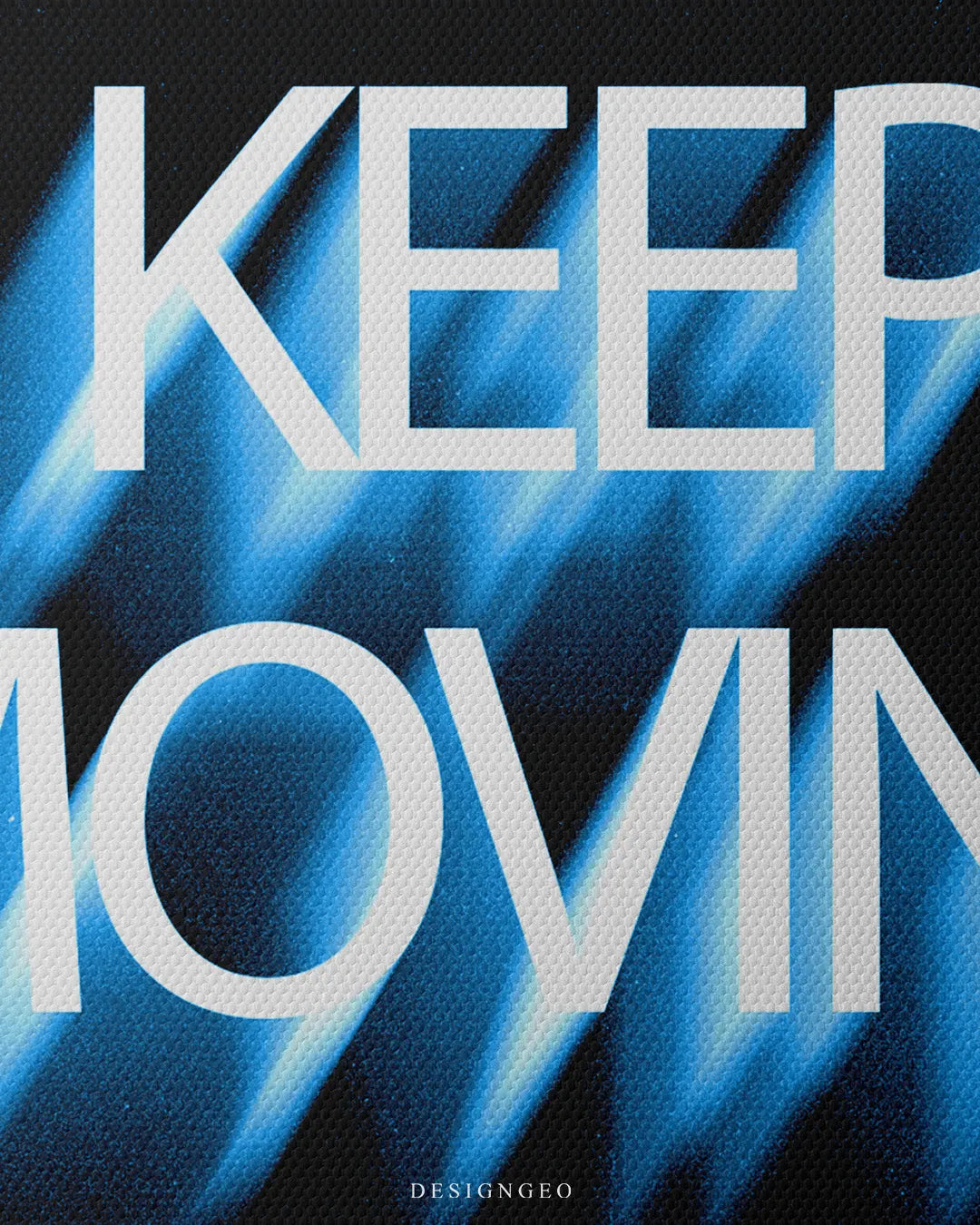 Macro shot highlighting the fine print detail of the white typography and soft blue kinetic light distortion effect on matte black canvas material