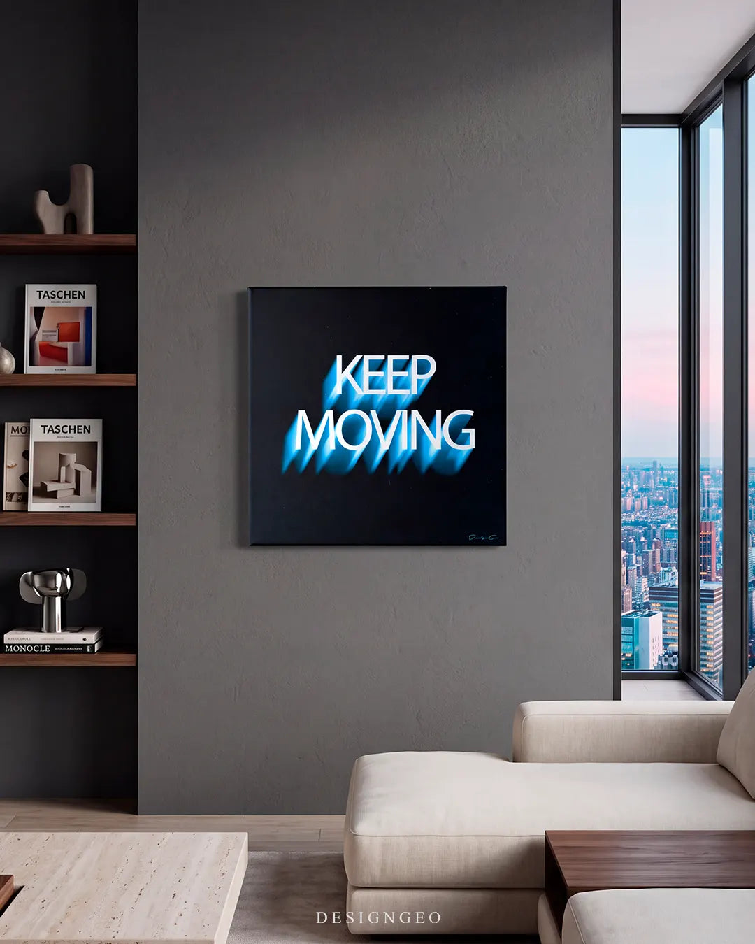 Modern penthouse interior with dark grey accent walls and a city skyline view, displaying the square "KEEP MOVING" glowing blue canvas print mounted above a beige sectional sofa