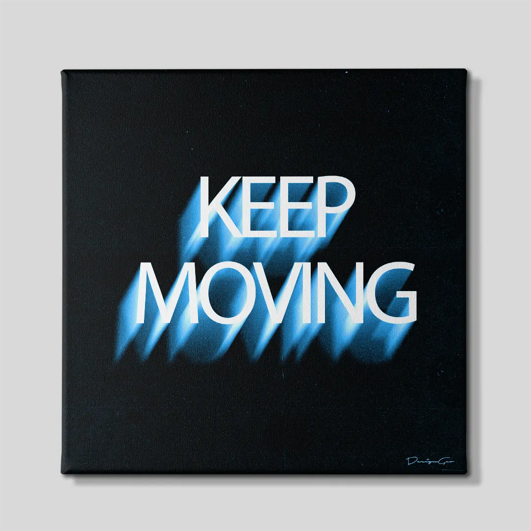 Front view of a square canvas print featuring the phrase "KEEP MOVING" in crisp white sans-serif typography with a glowing blue motion blur shadow effect on a solid black background