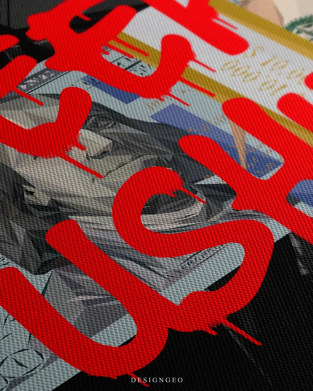 Close-up of modern motivational wall art featuring the "Keep Pushing" quote in a bold red graffiti font on a solid black background