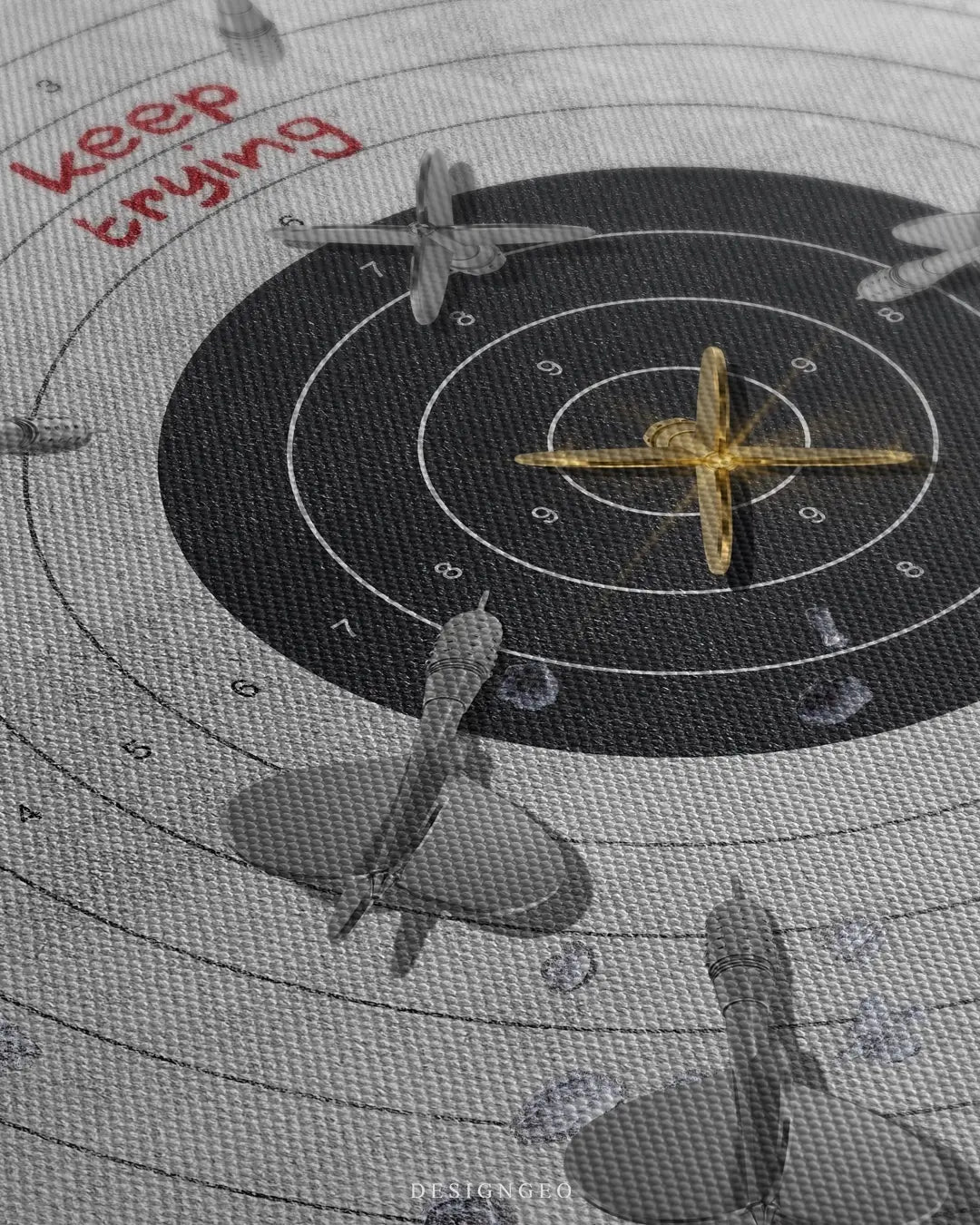 Close-up of motivational wall art featuring a dartboard with multiple darts hitting various points and the phrase "Keep Trying" in clean typography on a bright white background