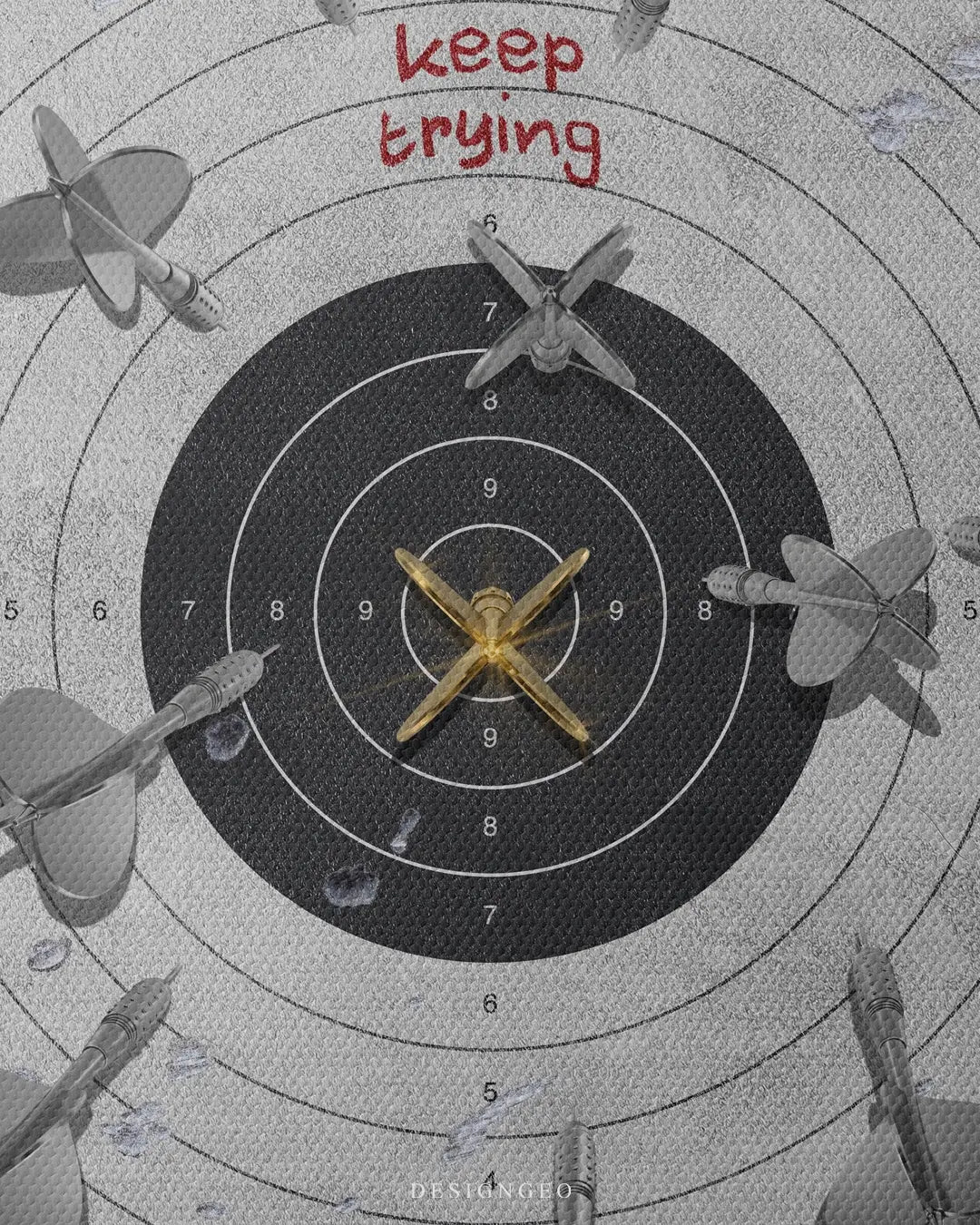 Artistic canvas illustration of a dartboard and several darts, symbolizing the journey toward success and the importance of persistence, designed in a minimalist modern style