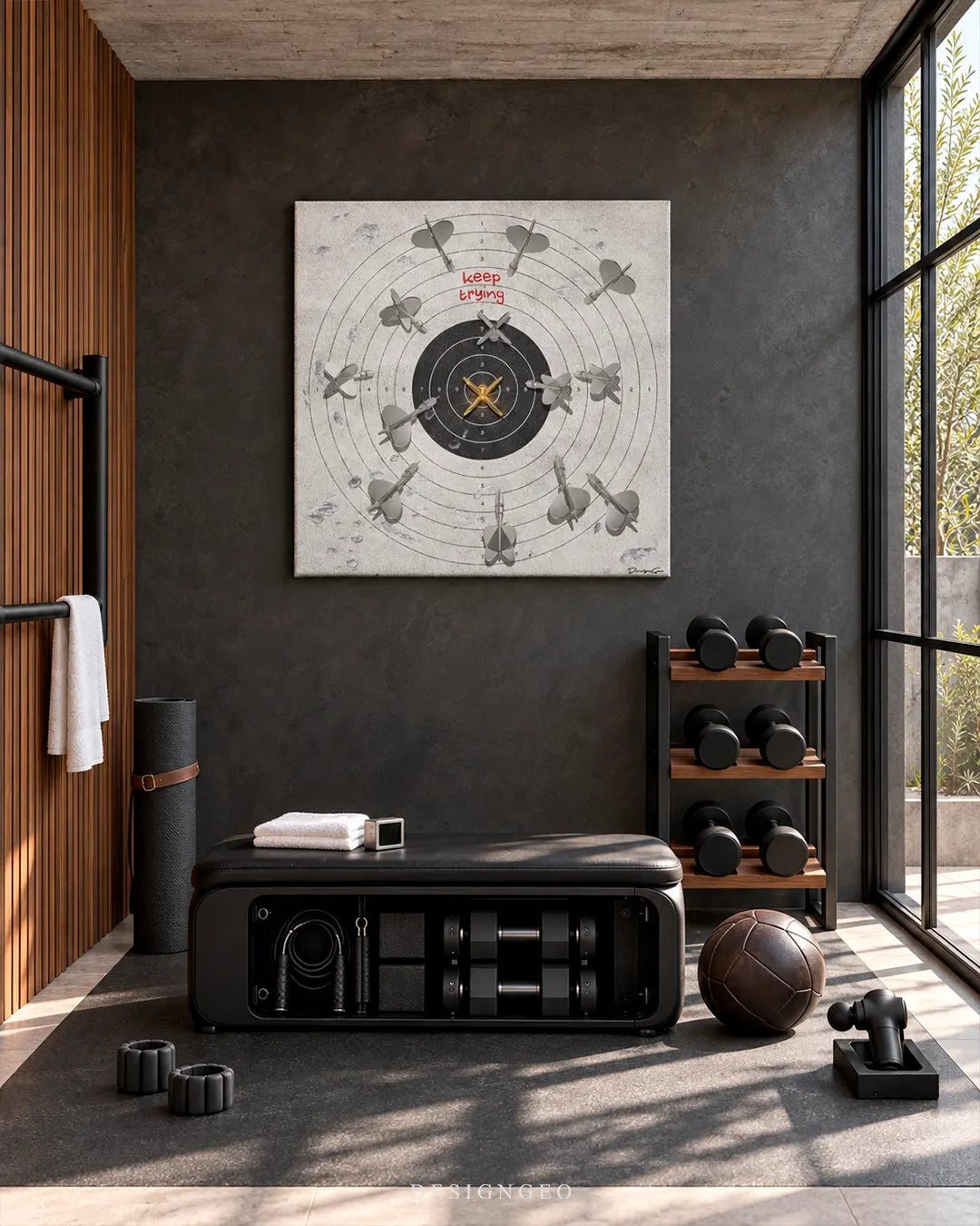 Keep trying target canvas wall art with darts mounted on a dark textured wall in a luxury home gym with dumbbells and workout bench