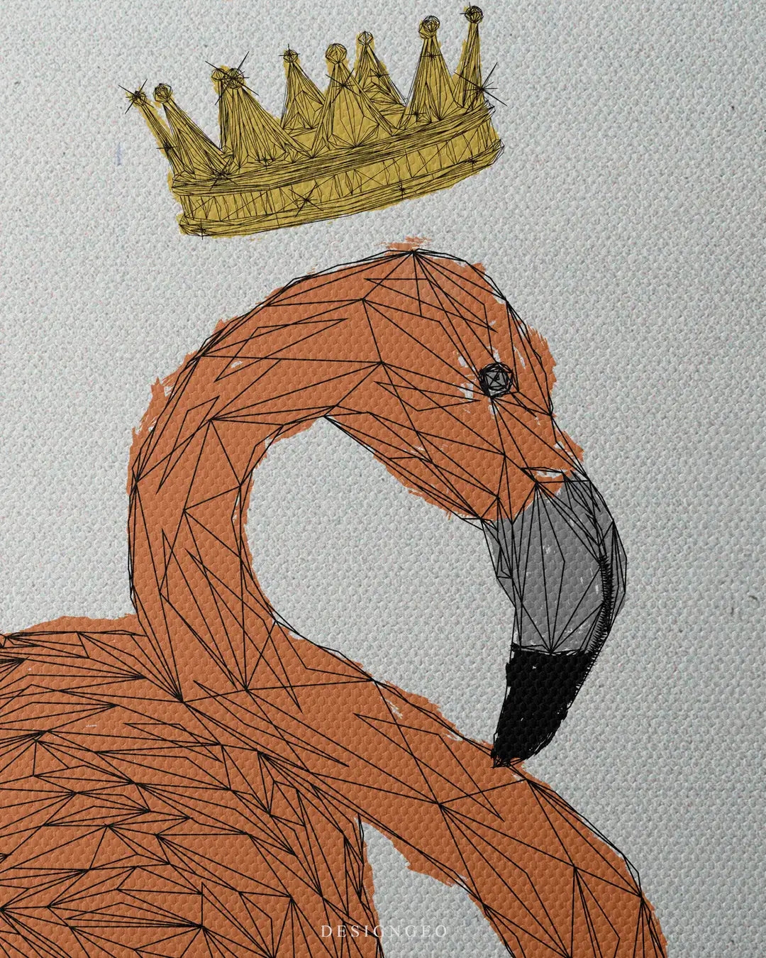 Close-up of the "King Flamingo" canvas art featuring a minimalist geometric pink flamingo wearing a sketched gold crown on a textured off-white background
