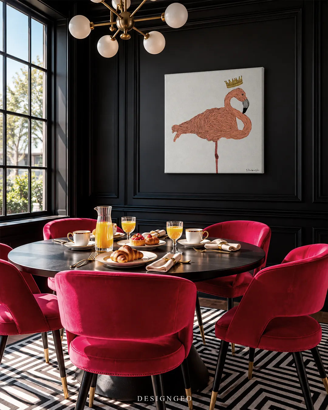 Pink flamingo wearing a gold crown square canvas wall art displayed on a black wainscoting wall in a luxury dining room with magenta chairs 0.75 inch thin wrap