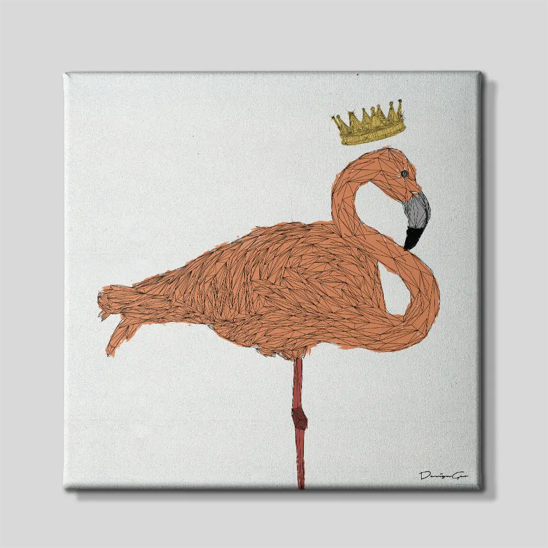 Front view of the square "King Flamingo" canvas print showing a minimalist pink geometric flamingo with a gold crown, ideal for modern bedroom or living room wall decor