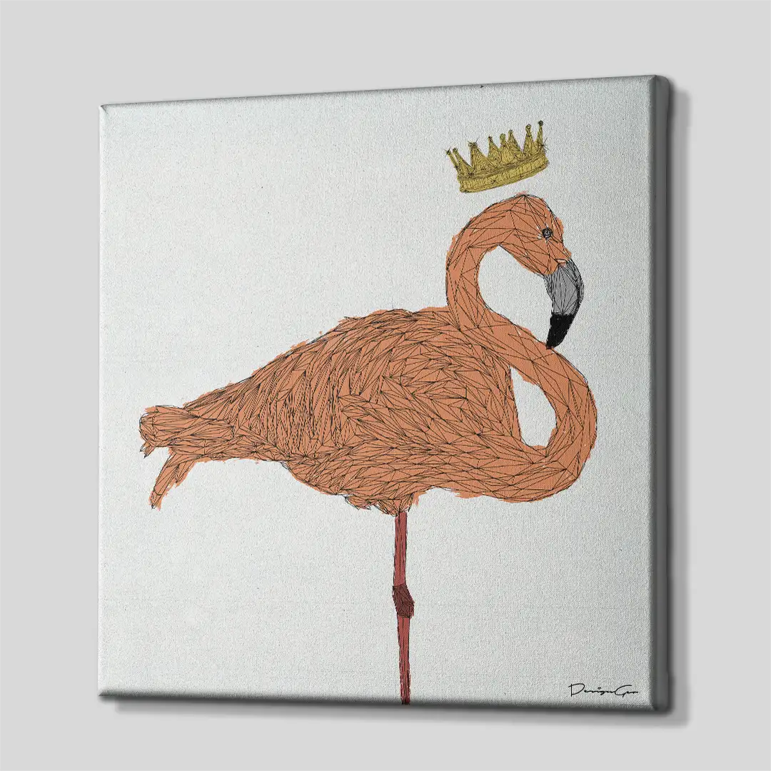 Side angle of the geometric king flamingo square canvas print, highlighting the precise gallery wrap edges and three-dimensional frame depth against a neutral background
