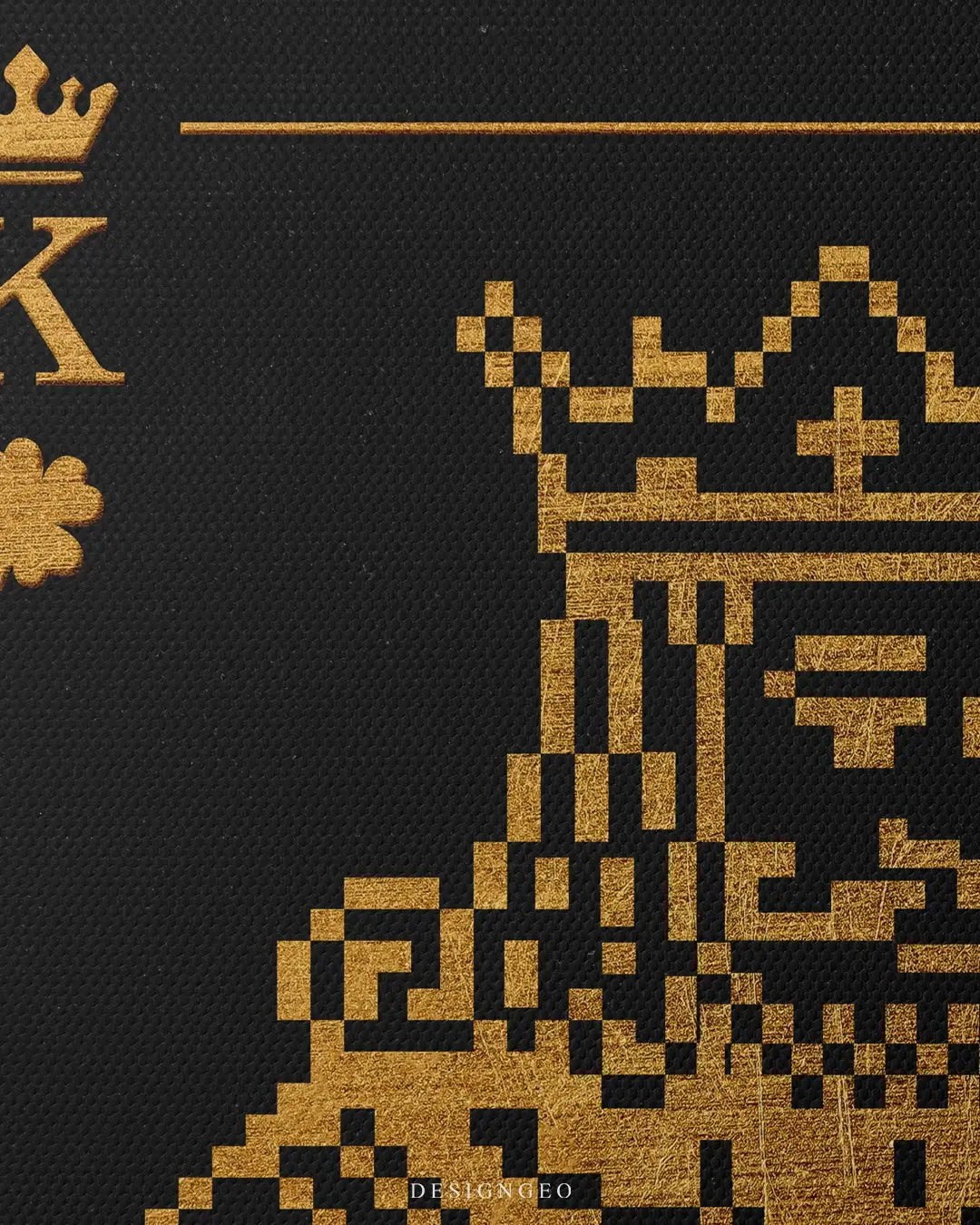 Detailed frontal shot of a pixel art king crown and face in golden tones on a deep black background, printed on a professional gallery-wrapped canvas