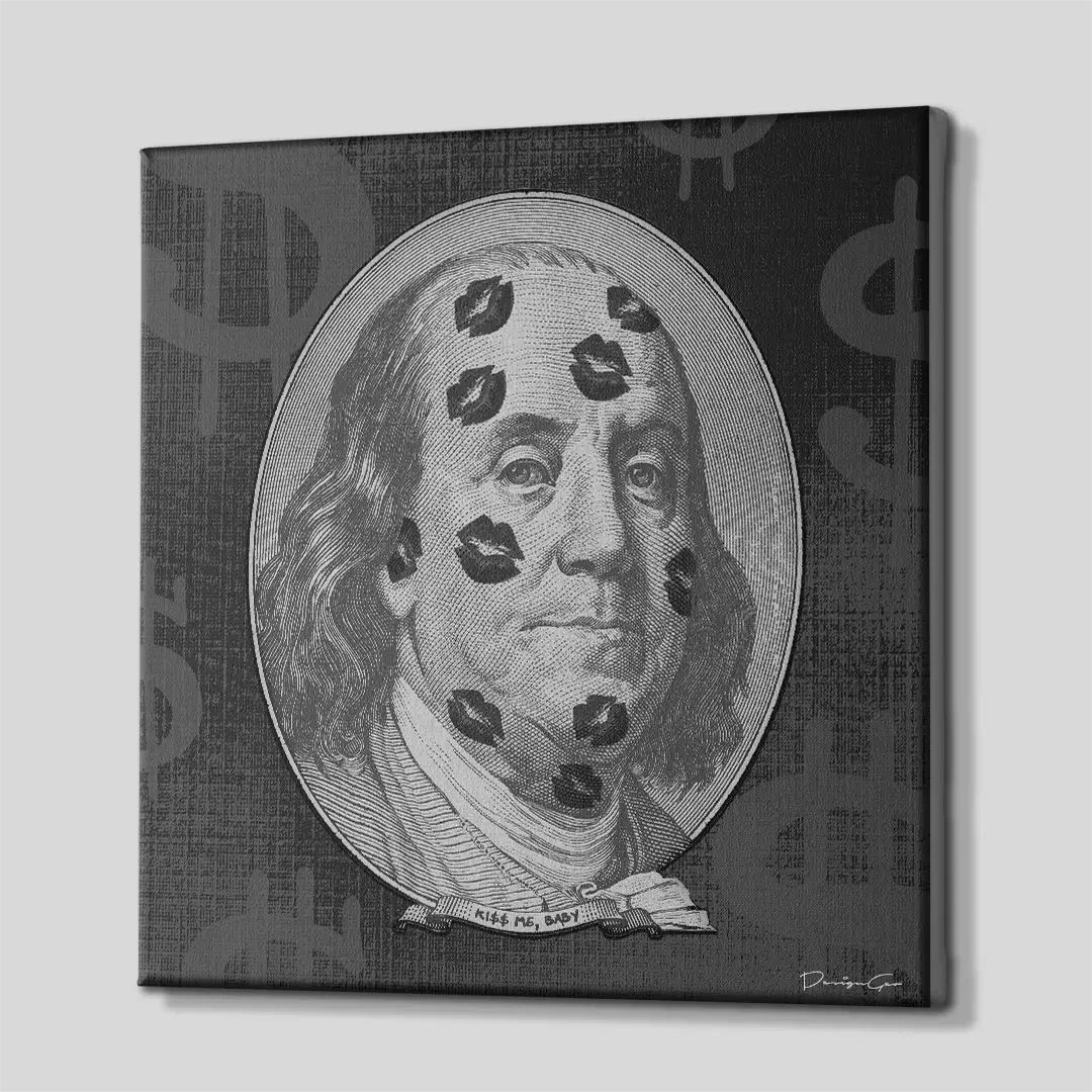 Side angle of the Benjamin Franklin money art canvas print, highlighting the high-quality gallery wrap finish and the professional 3D frame depth