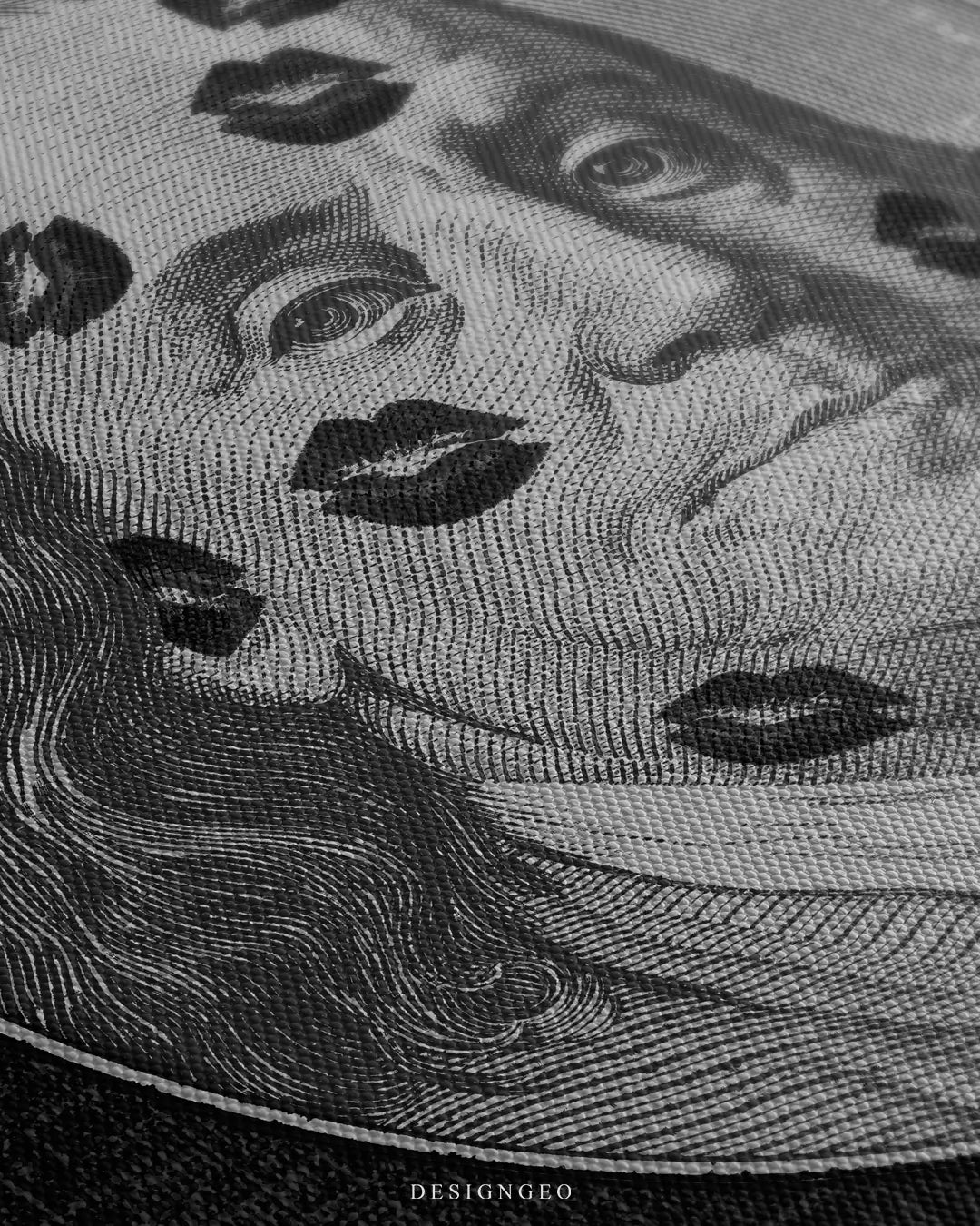 Close-up of modern money wall art featuring a detailed portrait of Benjamin Franklin from the 100 dollar bill on a solid black background