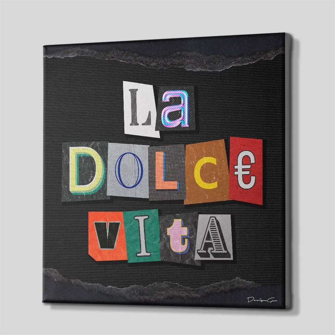Side angle of the colorful La Dolce Vita typography canvas print, highlighting the high-quality gallery wrap finish and professional 3D frame depth