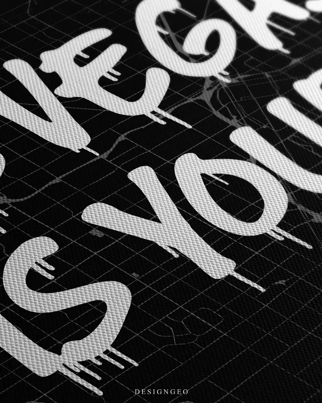 Detailed view of the "Las Vegas is Yours" canvas art, showcasing the sharp contrast between the intricate desert city street lines and the fluid white spray-paint lettering
