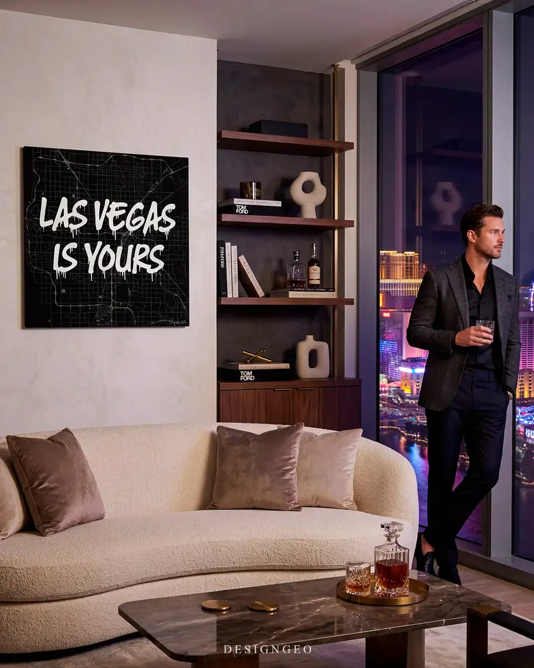 Modern interior displaying the Las Vegas map square canvas wall art above a sofa, adding a sophisticated metropolitan touch to executive offices or luxury contemporary livings