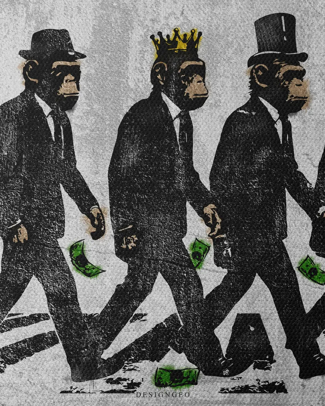 Urban graffiti art on canvas featuring four monkeys in suits walking across a street, inspired by iconic pop culture imagery