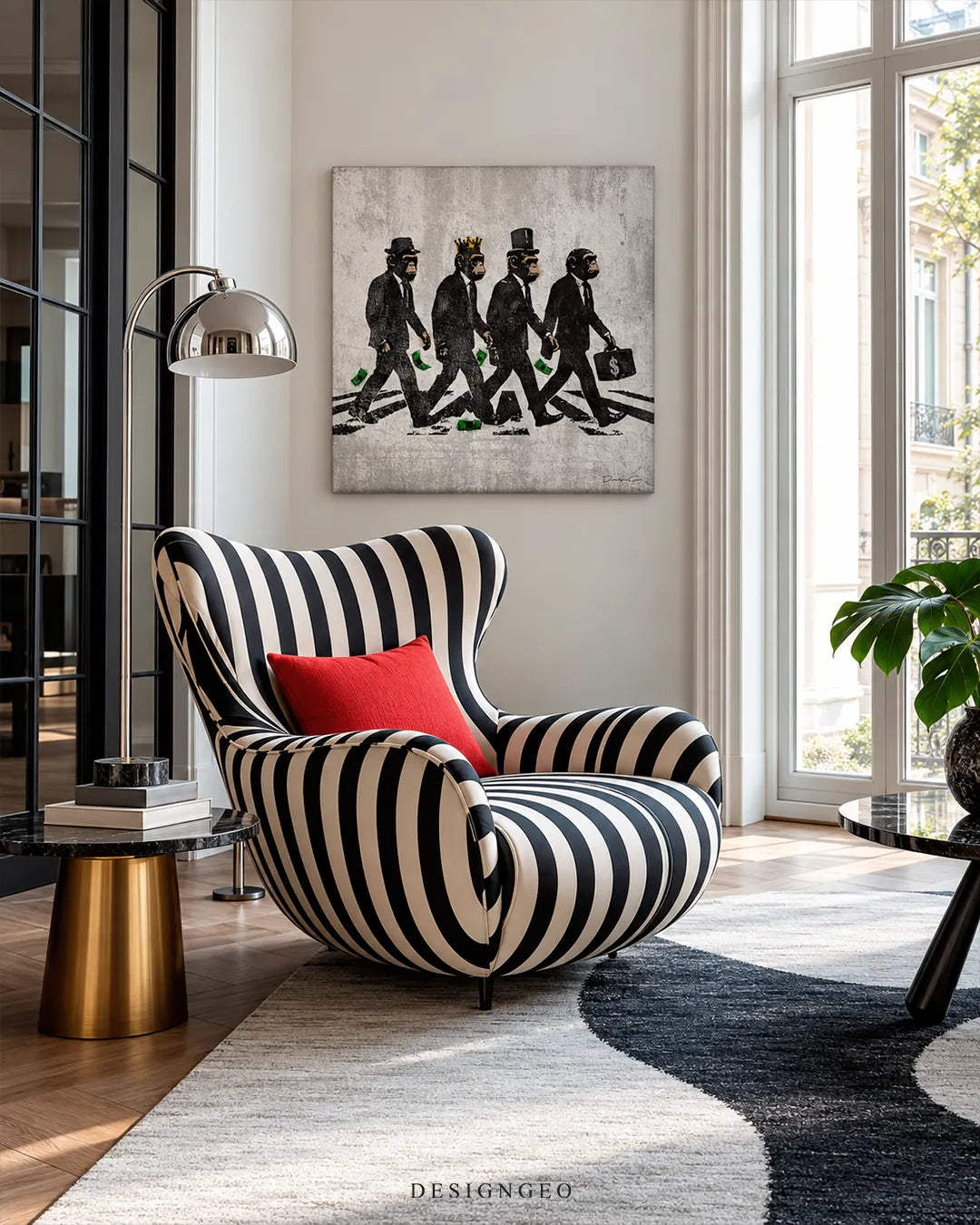 Four chimpanzees in suits walking on zebra crossing with money square canvas wall art displayed on a white wall in an eclectic room behind a striped armchair 0.75 inch thin wrap