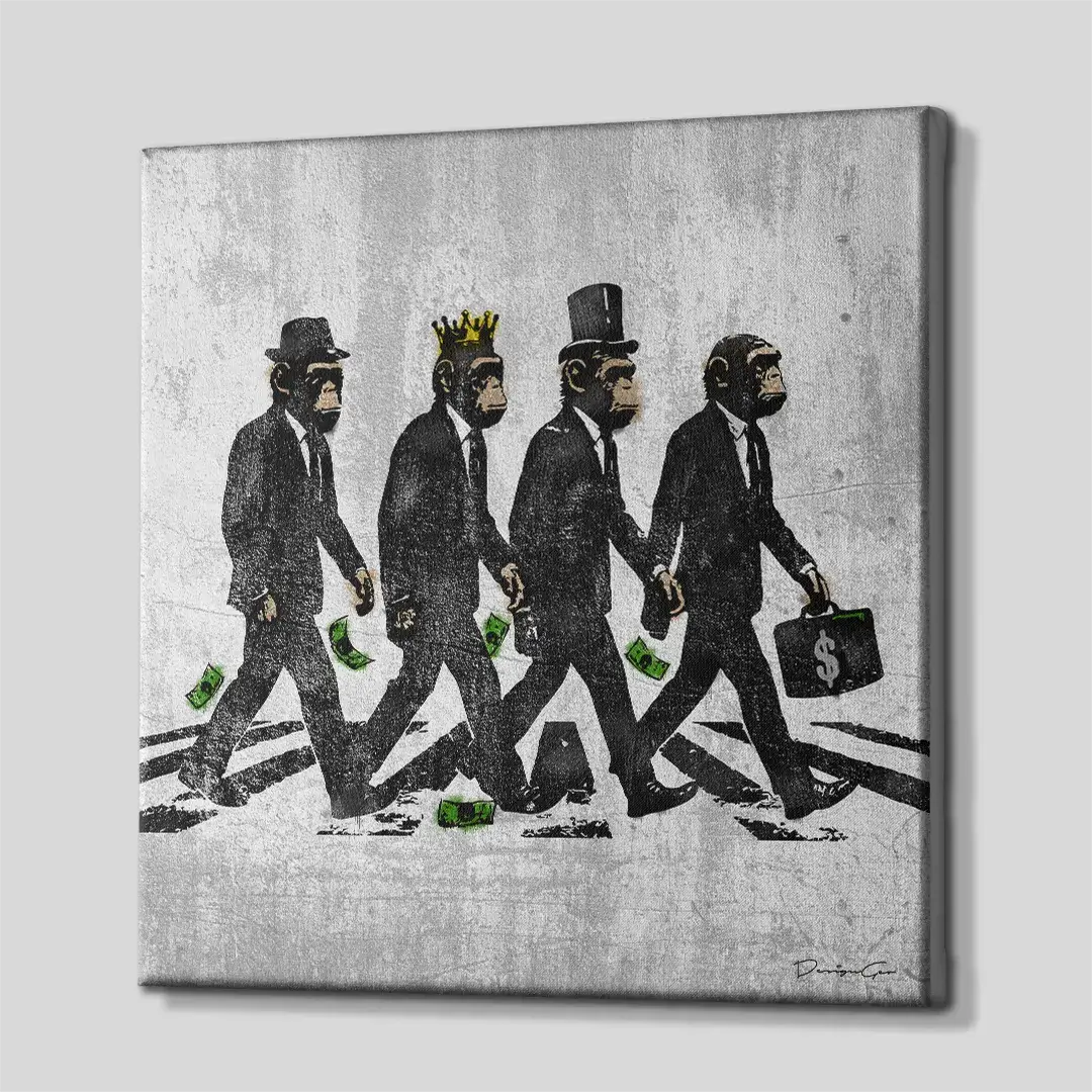 Side angle of the monkey street art canvas showing the high-quality gallery wrap and the 3D depth of the square frame