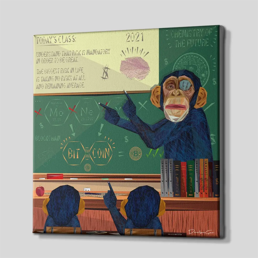 Side angle of the crypto mentor monkey canvas art, highlighting the premium gallery wrap edges and the 3D depth of the square frame