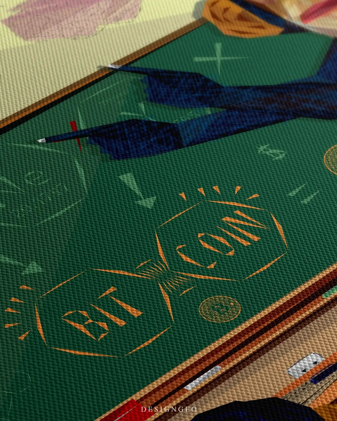 Close-up of crypto education canvas art showing a monkey mentor pointing at a Bitcoin chart with realistic oil paint textures and vibrant colors